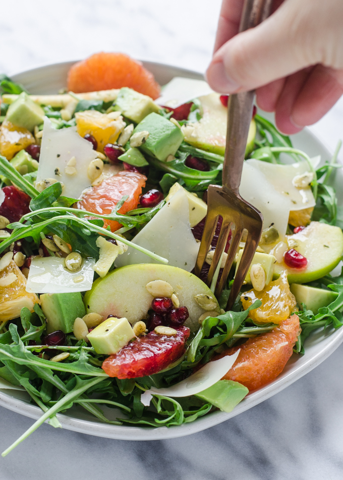 Winter Salad with Arugula, Avocado, Pomegranate, Blood Orange, and Apple