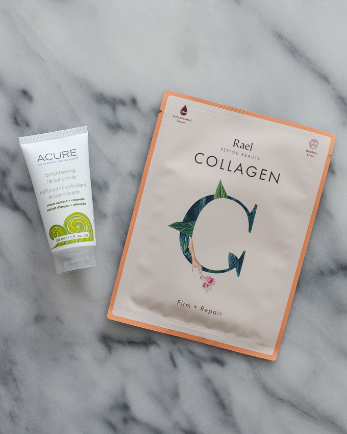 Essentials for a 5 step winter skin care routine for dry skin: acure exfoliant and rael collagen face mask.