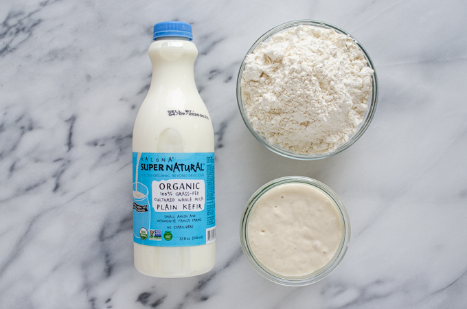 Ingredients for the overnight batter laid out on a marble surface.