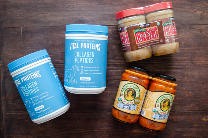 Things to buy at Costco: Vital Proteins collagen peptides, organic peanut butter, and organic pasta sauce.
