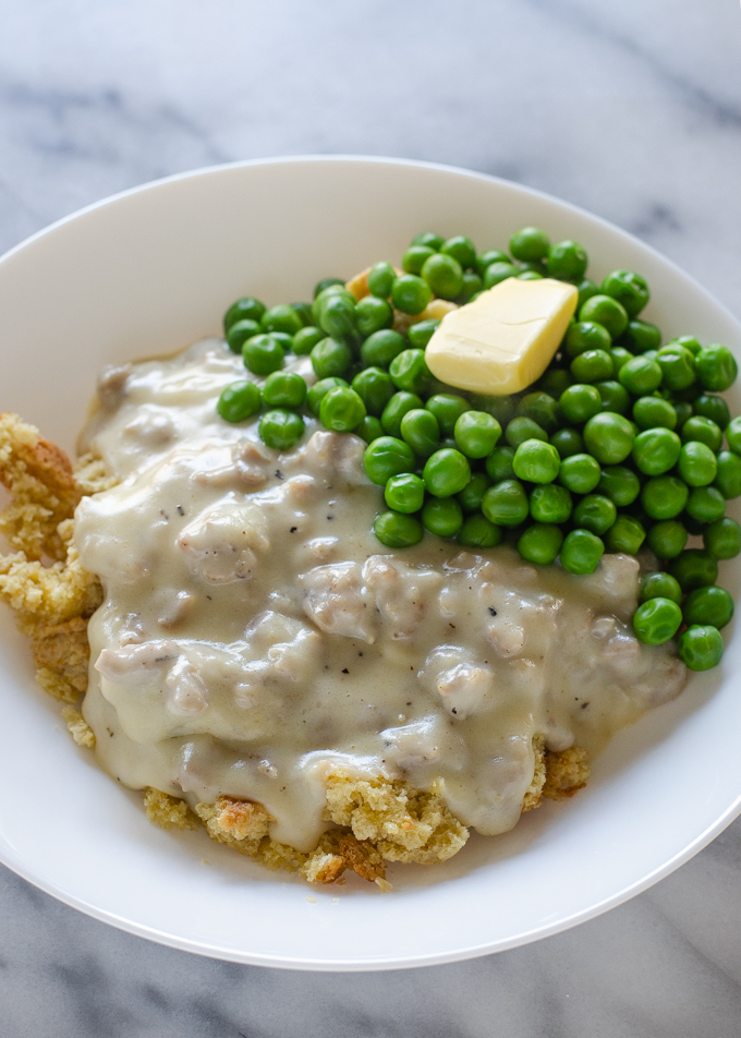 Einkorn biscuits and gravy with peas and butter. Just one of 5 family dinner ideas!