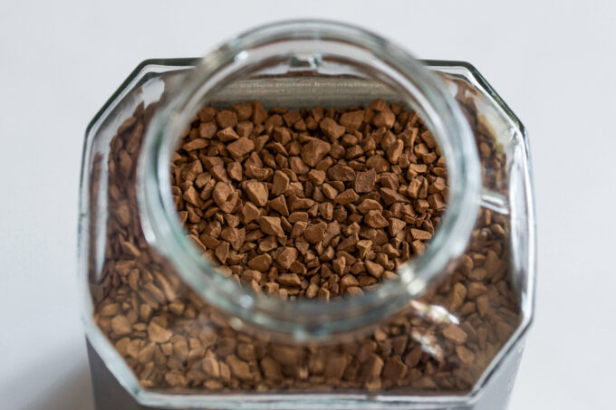 A jar of organic instant coffee for making healthy Dalgona coffee.