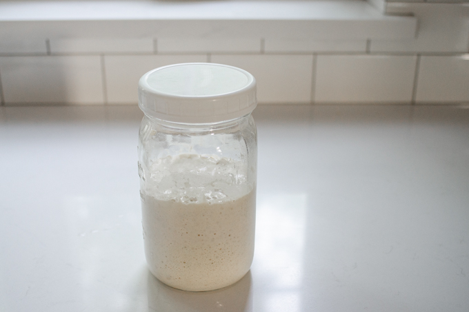 A mature sourdough starter in a jar.