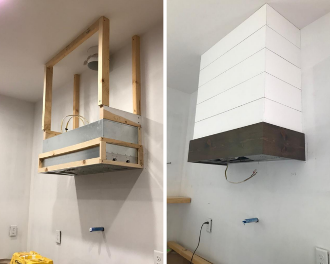 DIY Range Hood Cover with shiplap.