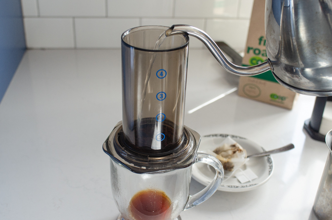 Pouring the hot water into the aeropress.