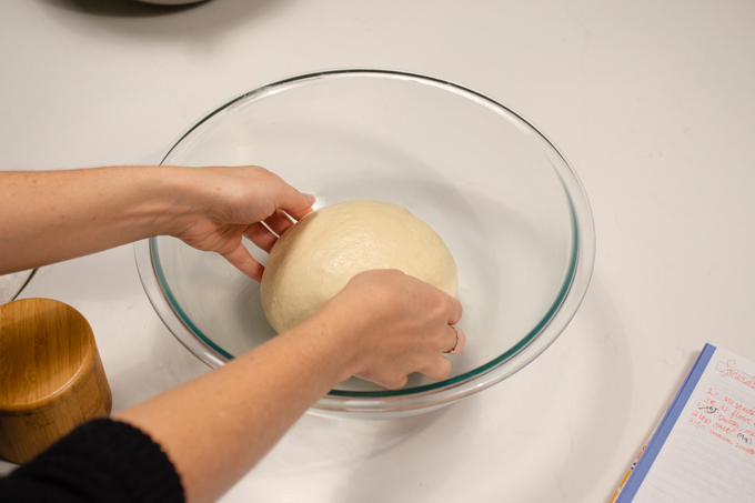 Placing the dough in a greased bowl.