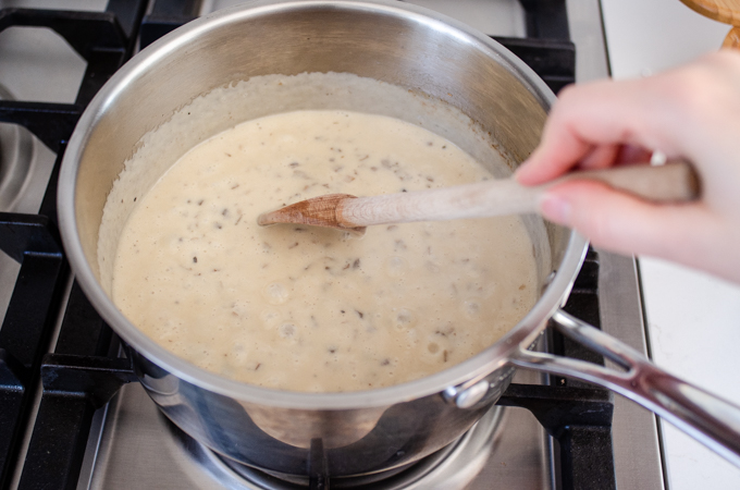 The cooked mushrooms soup base for the gluten free cheesy potatoes (AKA funeral potatoes).