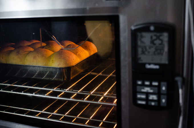 Baking the pumpkin sourdough dinner rolls with a probe thermometer.