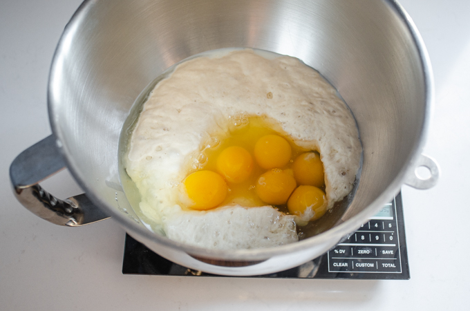 Adding the milk, starter, and eggs to the stand mixer bowl.