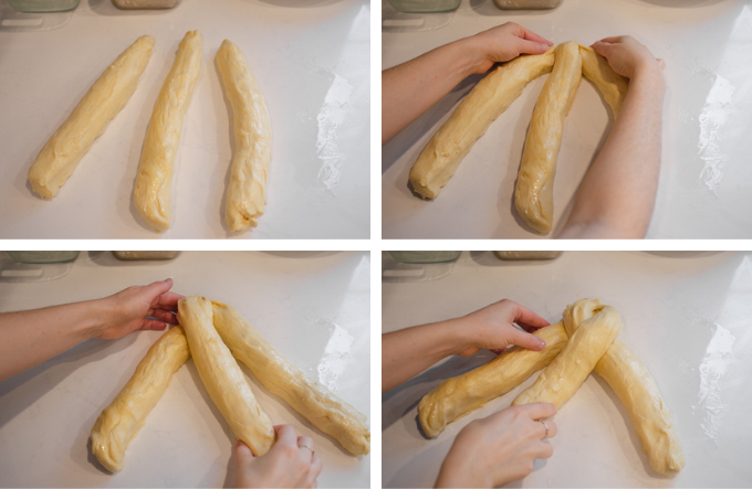 Braiding the brioche sourdough bread.