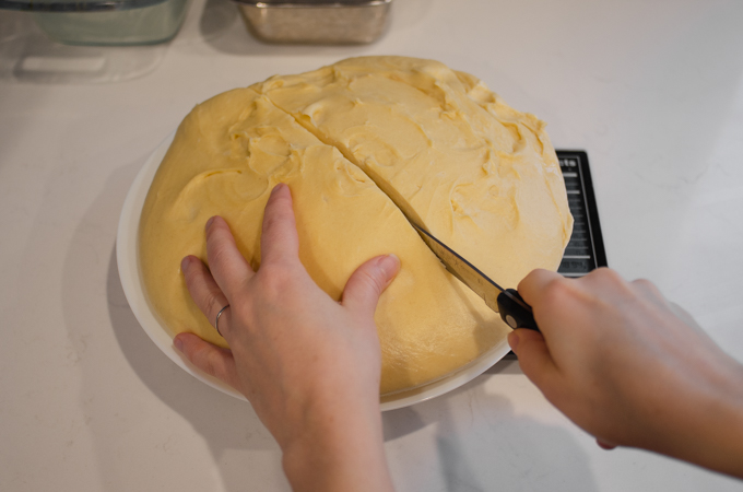 Dividing the dough in half.