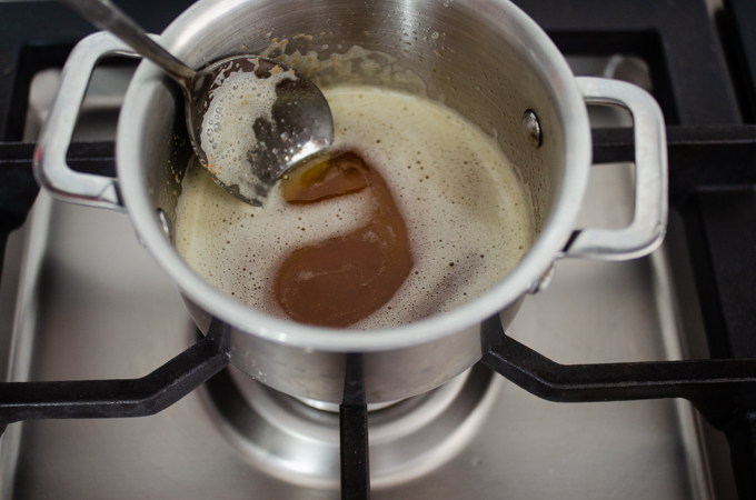 Browning the butter for the frosting.