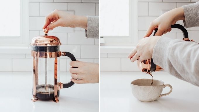 Brewing coffee in a French press for lattes.