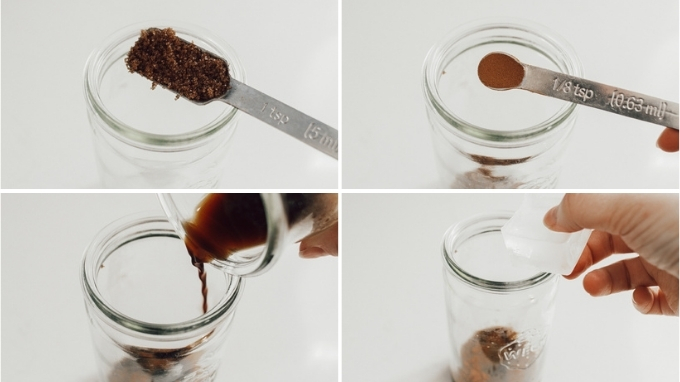 Placing the ingredients for an iced brown sugar oatmilk shaken espresso in a glass jar.